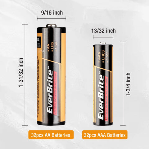 Bulk 64 Pack AA and AAA Alkaline Batteries for Home Office and Emergency Kits, showing size of AA and AAA batteries labeled EverBrite.