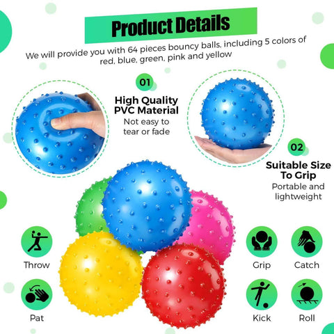 64 Pieces 6.3 Inch Knobby Balls for Kids Sensory Balls with Air Pump Small Inflatable Bouncy Soft Spiky Toddler Bounce Party Favors Summer Beach Pool Baby Massage Stress Play Set, 5 Colors shown with product details.