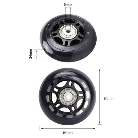 8 Pack 64mm 82A Indoor Inline Skate Replacement Wheels, Indoor Skating Wheels with ABEC-7 Bearings, Luggage Wheels, Training Wheels for Scooter - Black, showing dimensions