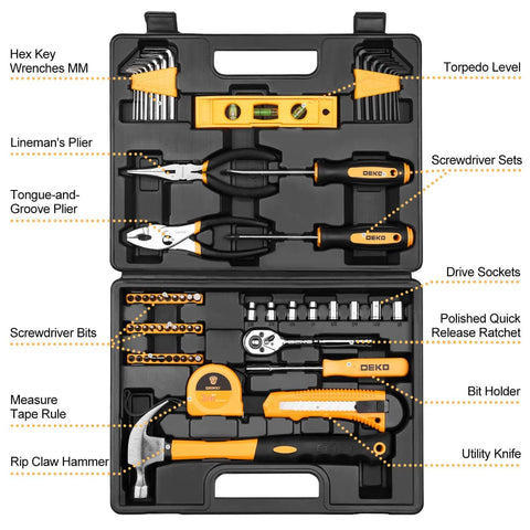 65 Piece General Household Tool Set With Durable Chrome Finish Hand Tools In Portable Blow Molded Storage Case For Home DIY Projects Anti Corrosion Steel Meets ANSI Standards