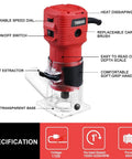 Red 650W Compact Wood Router With 12 Piece 1 Quarter Inch Bit Set, features labeled, including dust hood and edge guide, on/off switch visible.