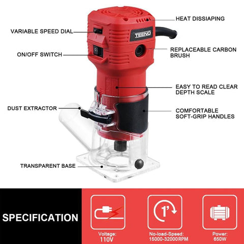Red 650W Compact Wood Router With 12 Piece 1 Quarter Inch Bit Set, features labeled, including dust hood and edge guide, on/off switch visible.