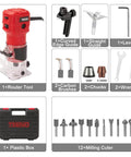 650W Compact Wood Router With 12 Piece 1 Quarter Inch Bit Set Six Speeds Edge Guide Dust Hood with accessories and case