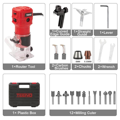650W Compact Wood Router With 12 Piece 1 Quarter Inch Bit Set Six Speeds Edge Guide Dust Hood with accessories and case