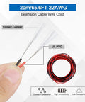 Close-up of 65.6ft 22 AWG LED Extension Cable with tinned copper wires and UL PVC insulation for low-voltage connectors.