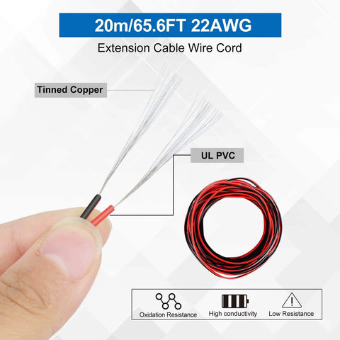 Close-up of 65.6ft 22 AWG LED Extension Cable with tinned copper wires and UL PVC insulation for low-voltage connectors.