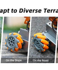 65mm Omni Directional Robot Wheel Set on grass, slope, road, and floor with orange and gray high hardness plastic, rubber grip.