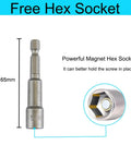 Powerful magnetic hex socket tool, 65mm length, labeled 'Free Hex Socket', with close-up showing internal magnet for better screw holding.