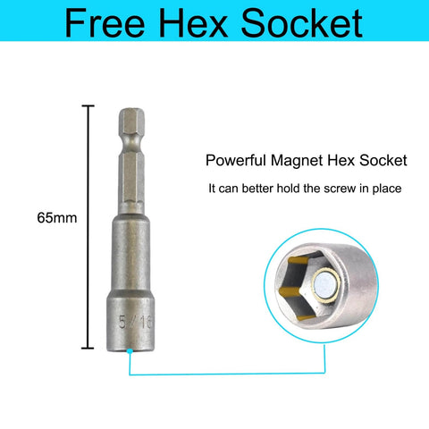 Powerful magnetic hex socket tool, 65mm length, labeled 'Free Hex Socket', with close-up showing internal magnet for better screw holding.