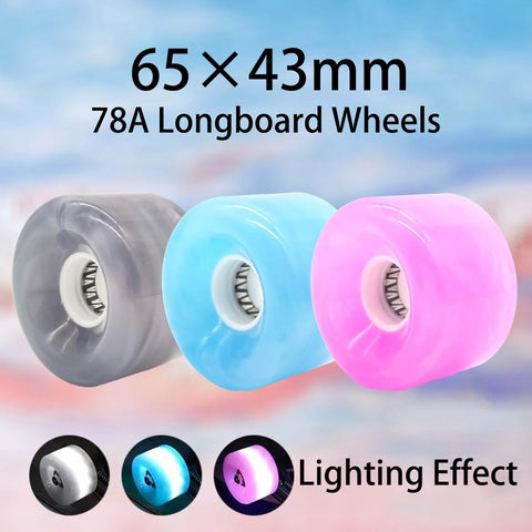 65mm By 43mm 78A Skateboard Wheel Set With 608RS Bearings Spacers Flash Core Washers And One Piece Tool For Cruiser And Street Skating Complete Kit By LONTOHCE, showcasing colorful lighting effect.