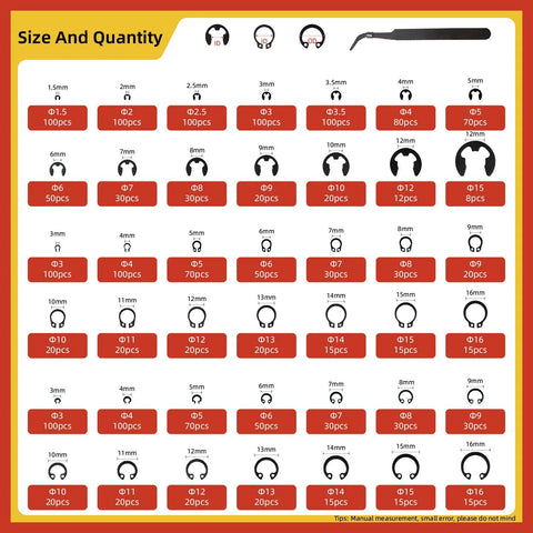 65Mn Carbon Steel Retaining Ring Kit 1880 Piece size chart with E clips, hole rings, shaft rings for machinery and industrial use.