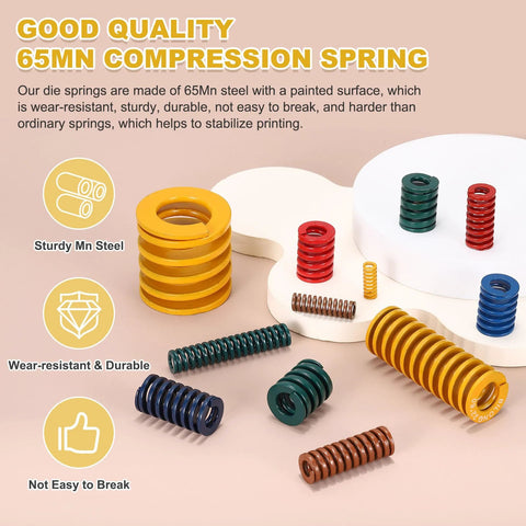 8 Pack 3D Printer Die Springs 12mm OD 25mm Length Light Load Mould Die Spring for Heated Beds and Equipment, various colors.