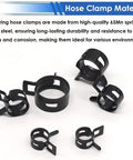 Close-up of black 65Mn spring steel hose clamps from 132 Pcs 6 To 25Mm Spring Hose Clamps With Hose Clamp Pliers In 16 Sizes Constant Tension Hose Clamp Kit.