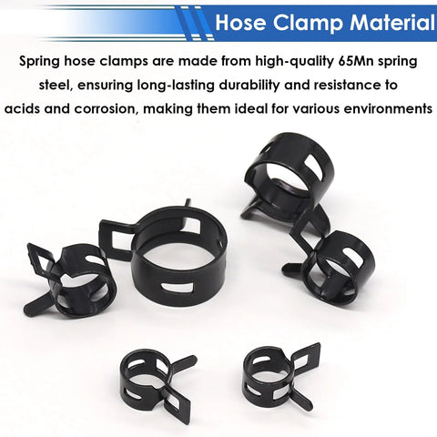Close-up of black 65Mn spring steel hose clamps from 132 Pcs 6 To 25Mm Spring Hose Clamps With Hose Clamp Pliers In 16 Sizes Constant Tension Hose Clamp Kit.