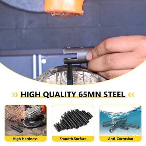 274 Piece Roll Pin Set Slotted Metric Pins 65Mn Steel shown with hammer and installation process