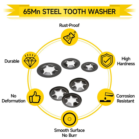 Diagram of 65Mn steel internal tooth starlock washers with features: rust-proof, durable, high hardness, corrosion-resistant, smooth surface.