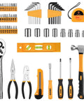 65 Piece General Household Tool Set With Durable Chrome Finish Hand Tools In Portable Blow Molded Storage Case For Home DIY Projects Anti Corrosion Steel Meets ANSI Standards displayed with tools and case.