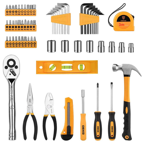 65 Piece General Household Tool Set With Durable Chrome Finish Hand Tools In Portable Blow Molded Storage Case For Home DIY Projects Anti Corrosion Steel Meets ANSI Standards displayed with tools and case.