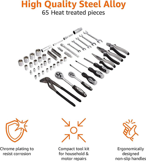 65 Piece General Household Tool Kit Set With Carry Case Durable Steel Tools Ergonomic Non Slip Handles Handy For Everyday DIY Projects And Basic Home Repairs displayed with tools arranged.