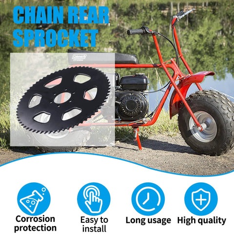 65 Teeth 35 Chain Rear Sprocket For Coleman Mini Bikes And Go Karts To Beef Up Performance Compatible With 100cc 97cc 98cc 2.5hp And 2.8hp Engines CT100U CK100 Trail 100 CC100X Baja Doodle Bug Blitz Dirt Bug Racer DB30 TrailMaster MB Storm Drift, shown with mini bike background