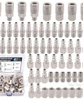 Value Packed 67 Piece Quick Connect Air Fittings Kit For Air Tools And Compressors One Quarter Inch NPT Includes Female And Male Couplers Plugs Nipples Hex Nipples Teflon Tape And Accessories Designed For Home Garage Shop Use displayed.