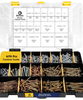 2300 Piece Hardware Assortment Kit with Metric and SAE Machine Screws Nuts Bolts and Washers Featuring 3 Stackable Trays open showing fasteners.
