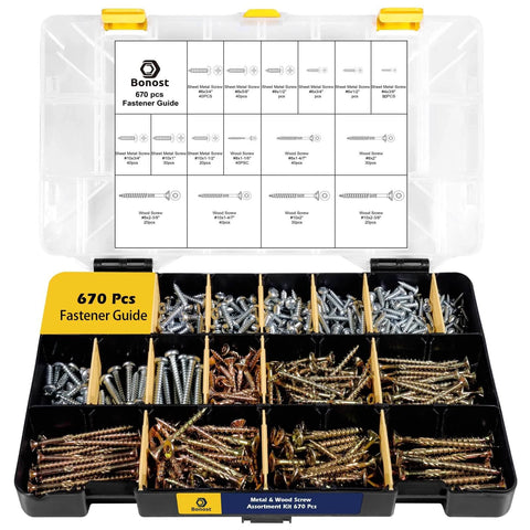 2300 Piece Hardware Assortment Kit with Metric and SAE Machine Screws Nuts Bolts and Washers Featuring 3 Stackable Trays open showing fasteners.