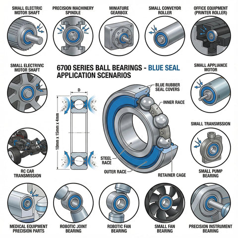 Illustration of 6700 series ball bearings with blue seal for various applications including RC cars, fans, and robotics.