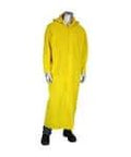 Full-length yellow raincoat with hood displayed on a mannequin.