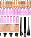 68 Piece TIG Torch Consumables Kit for PTA DB SR WP 17 18 26 with back caps, collets, alumina nozzles, and gas cup sets displayed.