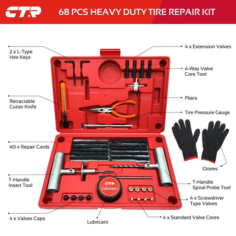 Heavy Duty Tire Plug Kit With 68 Piece All In One Universal Tire Repair Set For Tubeless Flats On Cars Trucks SUVs RVs ATVs Motorcycles Trailers Includes Plugs Cutter Knife Pliers Gloves And All The Must Have Tools in red case