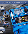 68 Piece Heavy Duty Tire Repair Kit With Universal Tools to fix punctures and plug flats for cars, motorcycles, ATVs, featuring tools and case
