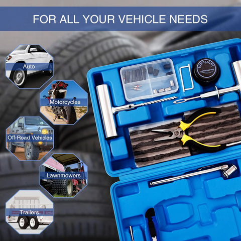 68 Piece Heavy Duty Tire Repair Kit With Universal Tools to fix punctures and plug flats for cars, motorcycles, ATVs, featuring tools and case