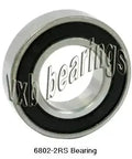 Premium 6802-2RS Ball Bearing 6802RS, side view, VXB brand rubber sealed, 15mm x 24mm x 5mm, ideal for high-speed applications.