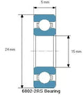 Technical diagram of Premium 6802-2RS Ball Bearing 6802RS showing dimensions: 15mm ID x 24mm OD x 5mm Width.