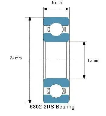 Technical diagram of Premium 6802-2RS Ball Bearing 6802RS showing dimensions: 15mm ID x 24mm OD x 5mm Width.