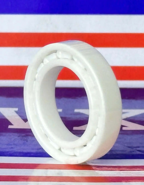 6802 Full Ceramic Bearing 15x24x5 ZrO2 side view showcasing ZrO2 ceramic balls and PTFE cage material.