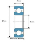 Technisches Diagramm von Premium 6802ZZ Lager – Rillenkugellager mit Maßen 15mm x 24mm x 5mm