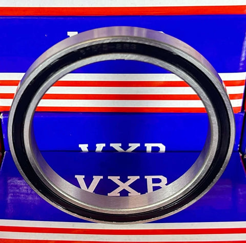 6815-2RS Ball Bearing 75x95x10mm - Rubber Sealed view with black seal and metal exterior against VXB packaging.