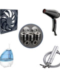 20-Pack 683ZZ Double-Shielded Sealed Ball Bearings 3mm x 8mm x 4mm surrounded by a fan, hairdryer, humidifier, and jump rope.