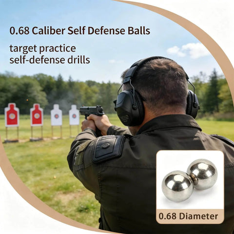 .68 Caliber Aluminum Solid Paintballs 50 x .68 Caliber Self-Defense Balls for Pistole X-68 Byrna SD LE target practice scene.