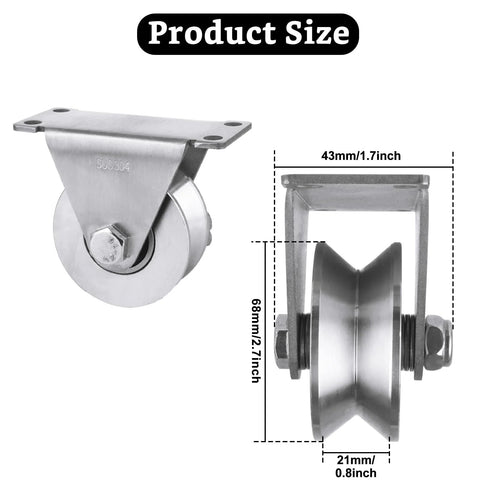 Product size of Large 68mm V Groove Pulley Wheel With 304 Stainless Steel Silent Pulley Block And Duplex Bearings, side and front view