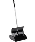 Sam metal lobby dust pan with 32-inch handle, black finish, 12-inch wide, front view
