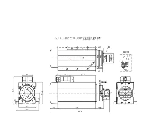 Technical diagram of 6KW Air Cooled CNC Spindle Motor ER32 with four bearings, dual voltage 220V 380V, efficient fan cooling