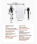 White 48 By 84 Inch Sliding Barn Door Kit With Durable MDF Panel And Water Resistant PVC Coating includes dimensions and hardware details