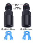 Beefy 6AN Male To 3/8 Inch And 5/16 Inch SAE Quick Disconnect Female Push On EFI Fuel Rail Fittings Two Pack Aluminum 6061-T6