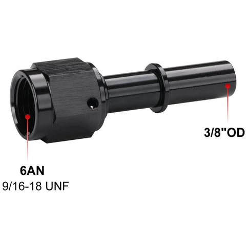 6AN Female Swivel to Three Eighths Inch Quick Disconnect EFI Fuel Fitting Adapter Straight Aluminum Black Push On Swivel End
