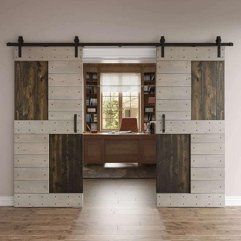 72 Inch By 84 Inch Knotty Pine Double Sliding Barn Door Kit With S Style Finish DIY Ready Multi Color Panels Heavy Duty Sliding Hardware Included Rustic Farmhouse Look For Modern Living Room Or Bedroom.