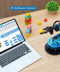 6DOF Desktop Robotic Arm Kit with 5 Servos and Mechanical Claw, connected to laptop with PC software control interface on wooden desk.