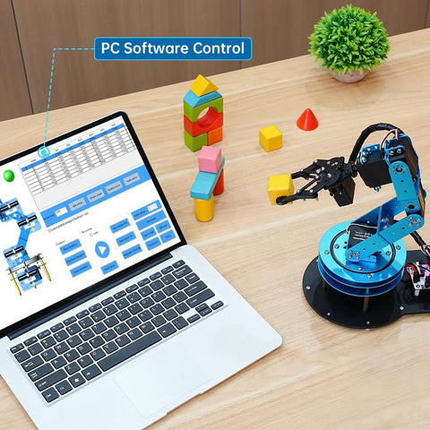 6DOF Desktop Robotic Arm Kit with 5 Servos and Mechanical Claw, connected to laptop with PC software control interface on wooden desk.